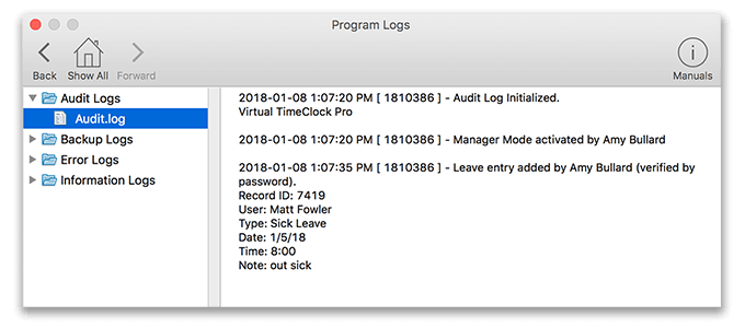 Virtual TimeClock Audit Logs