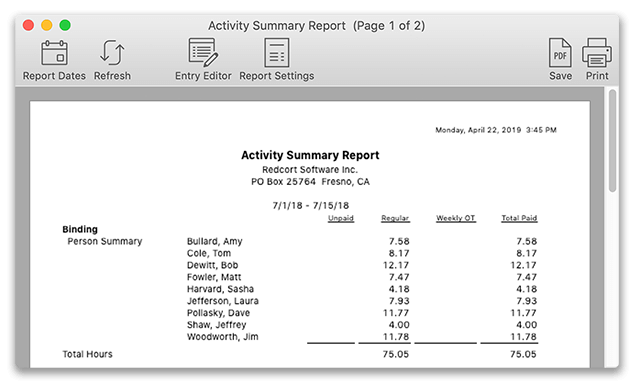 Activity summary report with worker summary enabled