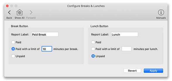 Virtual TimeClock Configure Breaks and Lunches window
