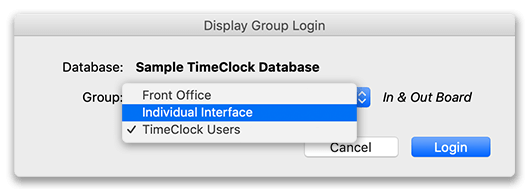 Display group login screen for changing groups in virtual time clock
