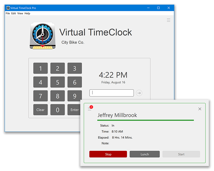 Virtual TimeClock PIN Interface in Pro or Network Edition