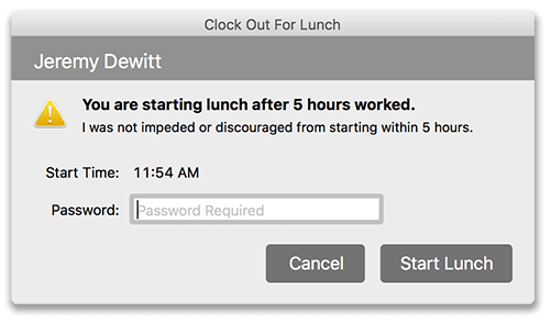 Virtual TimeClock Courtesy Lunch message