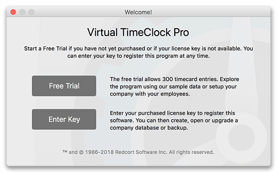 Virtual TimeClock Pro Welcome Window