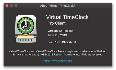 Virtual TimeClock Client about window in macOS Dark Mode