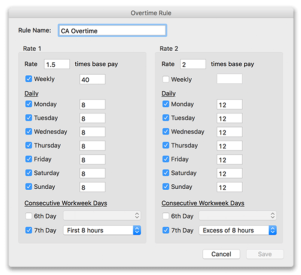 Setting up California Overtime laws in Virtual TimeClock overtime settings