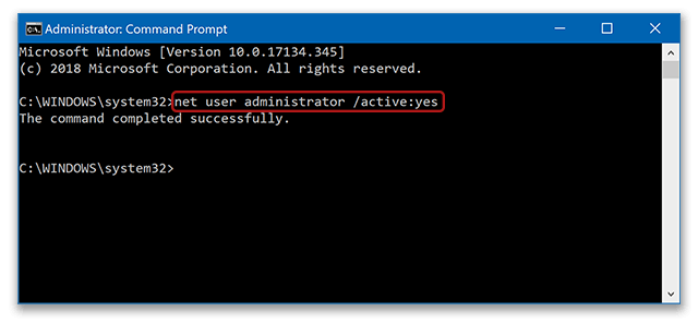 Enabling Windows hidden administrator account in command prompt