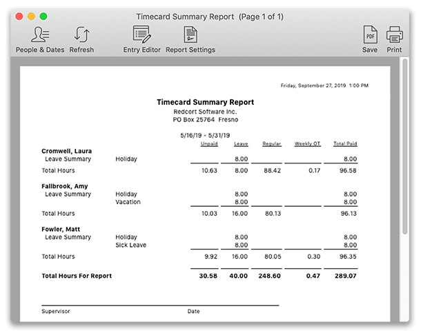 Timecard Summary report with leave categories