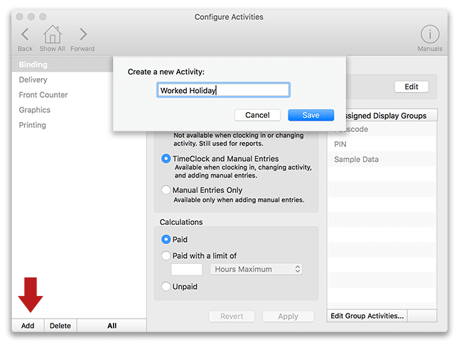 Creating an activity in Virtual TimeClock