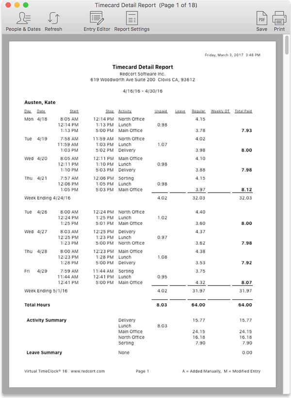 Virtual TimeClock Timecard Detail Report