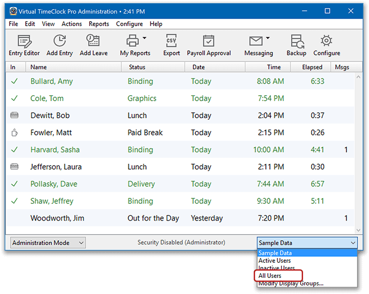 Virtual TimeClock Administrative Groups