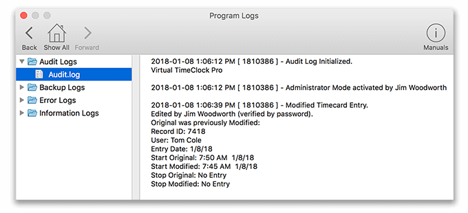 Virtual TimeClock Audit Entry Logs