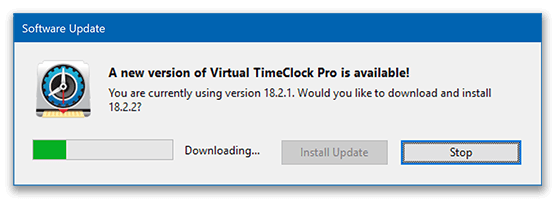 Software update window in Virtual Time Clock