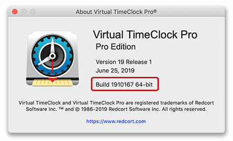 Virtual TimeClock about window showing 64 bit status