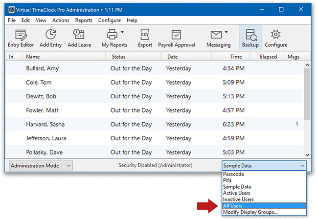 Selecting the all users group on Virtual TimeClock In & Out Board