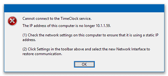 Time Clock Application cannot connect to service message