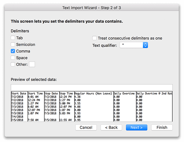 Microsoft Excel import window for selecting comma delimited data import