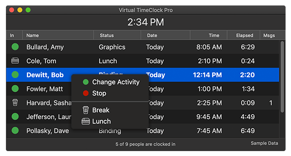 The time clock in and out board in Dark Mode