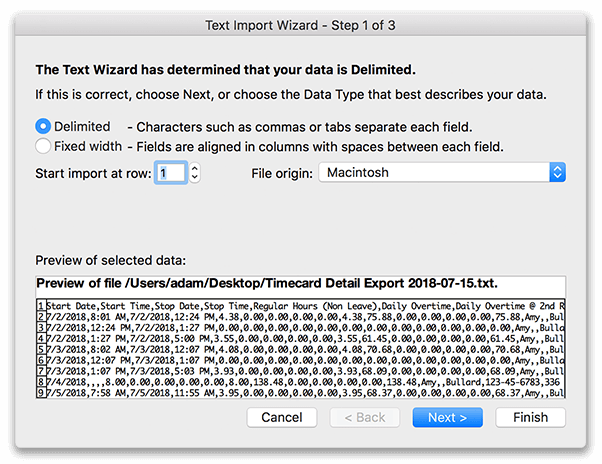 Excel window for selecting delimited data