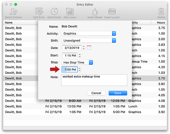 Editing an entry in Virtual TimeClock