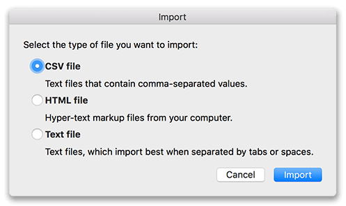 Microsoft Excel import window