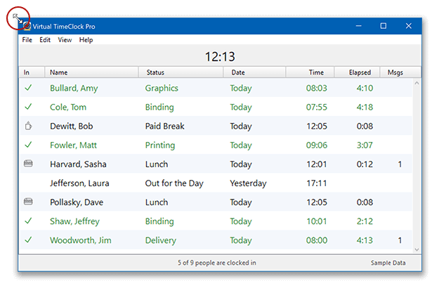 Resizing a time clock window in Windows operating system