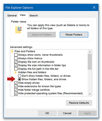 Show hidden files and folders in Windows OS