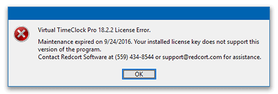 License key failed verification message in Virtual Time clock