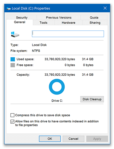 Windows hard drive properties, disk is full
