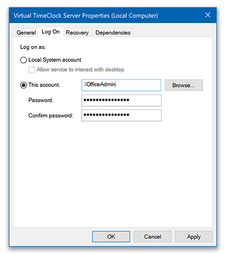 Windows Services LogOn Tab