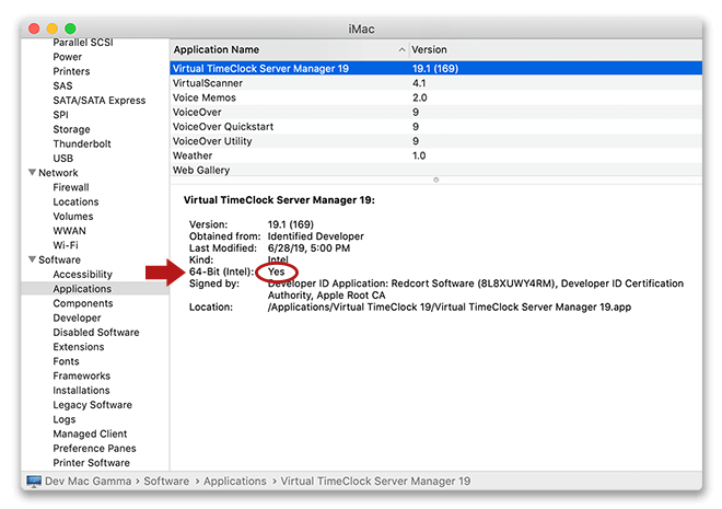 macOS Software Details screen showing 64-bit status