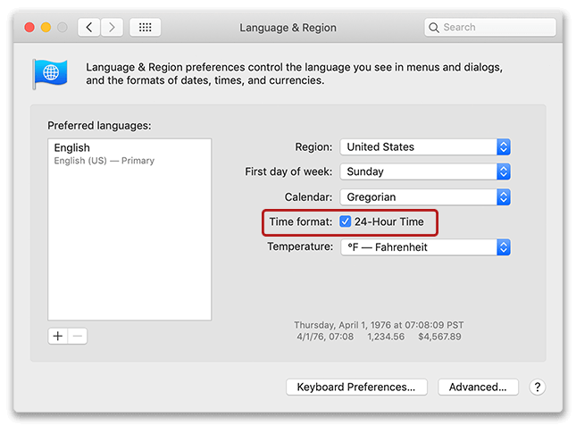 Selecting military/24 hour time in macOS
