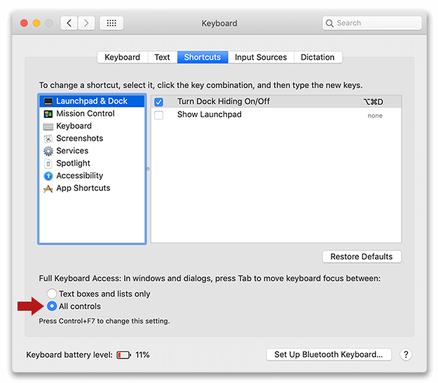 macOS setting that allows tabbing through all fields and menus