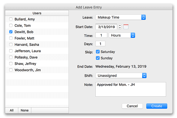 Creating a makeup time leave entry for employee time card