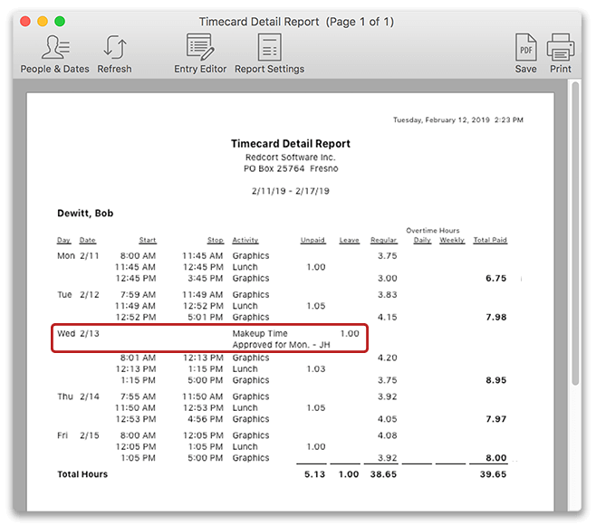 Example of a timecard with makeup hours displayed and no daily overtime calculated