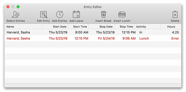 Entry editor with a missed returned from lunch error