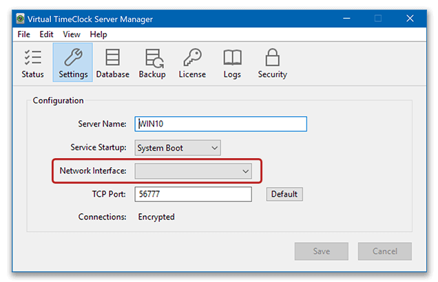 Selecting a new network interface IP address in the Server Manager time clock application