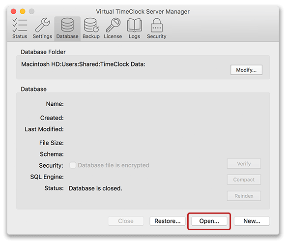 The database tab in the Server Manager