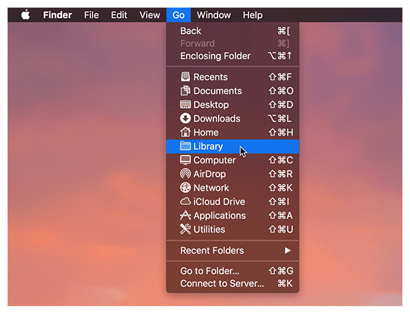 Selecting the hidden Library menu in macOS