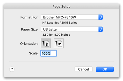 Page setup settings in Virtual TimeClock for macOS