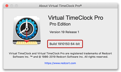 Virtual TimeClock Pro about window showing 64-bit