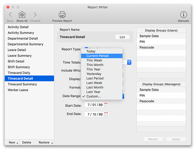 Virtual TimeClock report options showing custom dates