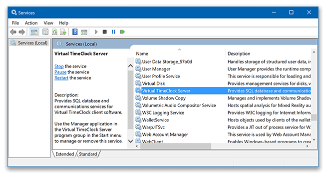 Selecting TimeClock Server service in Windows services window