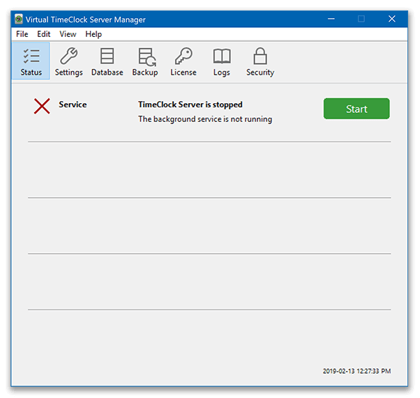 Server Manager status tab showing TimeClock background service not running