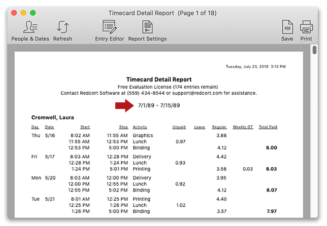 Virtual TimeClock report displaying old dates