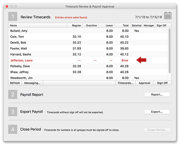 Timesheet with entry errors that need to be fixed