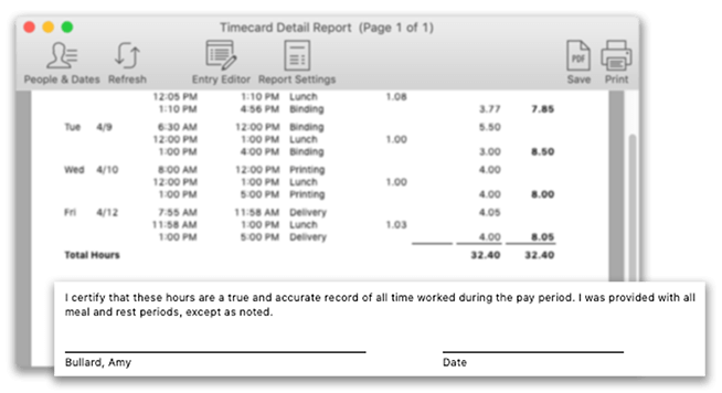 Timecard signature line in Virtual TimeClock