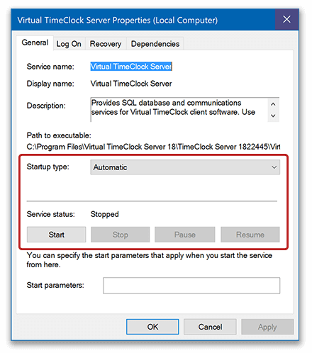 Virtual TimeClock Server service properties