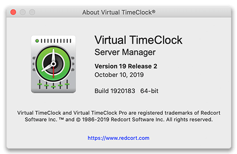 Virtual TimeClock version 19 release 2 About Window