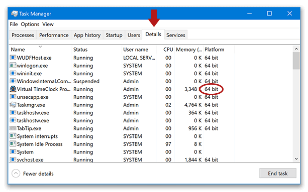 Windows Task Manager showing Virtual TimeClock Pro is 64-bit application