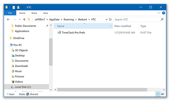 File path for removing the TimeClock preferences file in Windows